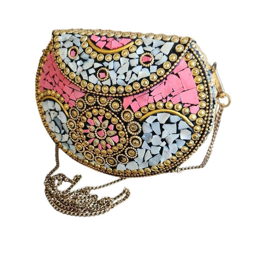 Ramla Mosaic Clutch Bag‎ Handmade Art to Wear Elegant Moroccan Pink Pearl Tiles